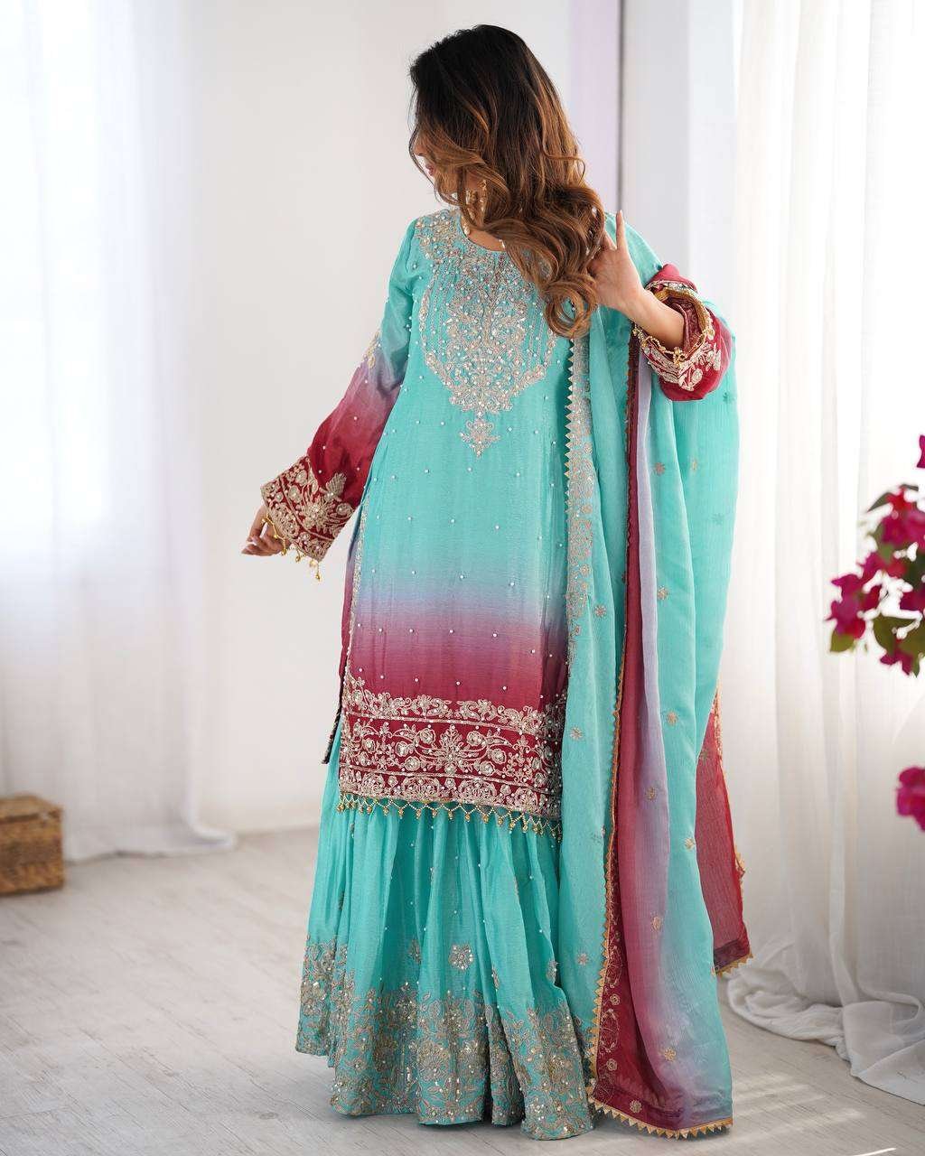 Women's Chinon Silk Sequence With Rivet Moti Work Straight Kurta With Sharara and Dupatta Set - Image 24